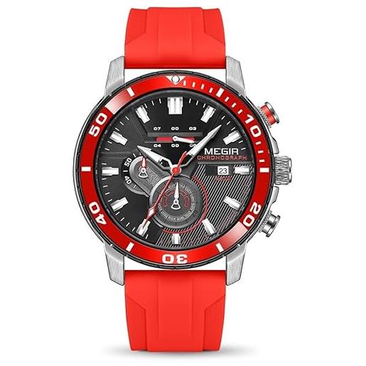 Megir orologio sportivo da uomo, analogico, al quarzo, cronografo, militare, luminoso, con cinturino in silicone, rosso