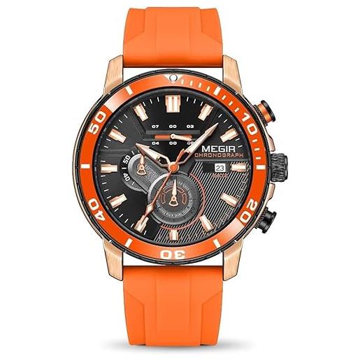 Megir orologio sportivo da uomo, analogico, al quarzo, cronografo, militare, luminoso, con cinturino in silicone, arancione, cinturino