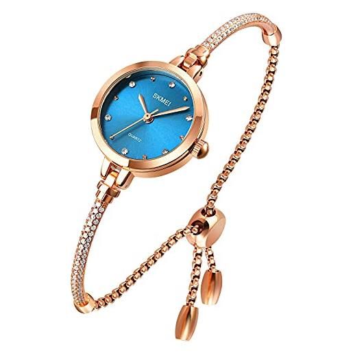 Tonnier orologi da donna analogico al quarzo con mosaico con diamanti bracciale orologio da donna impermeabile orologio da polso con bracciale in oro rosa, blu
