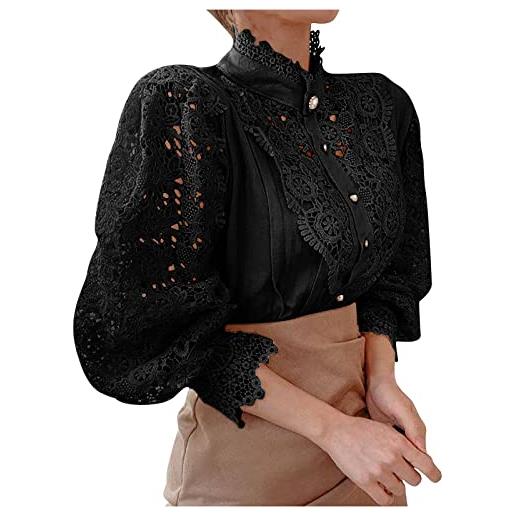 iikey camicie donna maniche lunghe di pizzo collo alto top casual elegante blusa elegante camicia per primavera e autunno, nero, xl