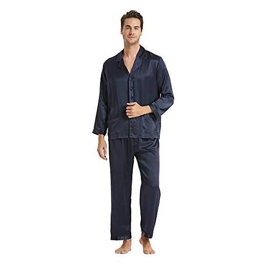 LilySilk pigiama moderno in seta da uomo, pigiama da uomo, set da notte in seta per uomini attenti alla moda, blu navy, m