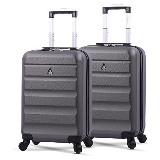 Aerolite set di 2 trolley bagaglio a mano 55x35x25 cm - dimensione massima per ita airlines alitalia , air europa , air france , klm e transavia - valigia rigida con 4 ruote (grigio carbone)