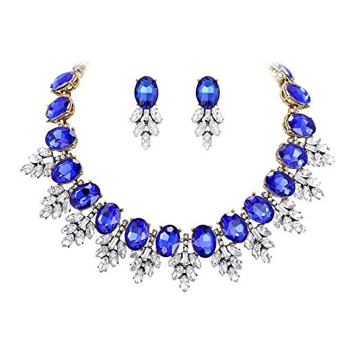 EVER FAITH costume cristallo marquise set di gioielli di dichiarazione, vintage ovalee strass collana pendente set di orecchini per le donne blu oro anticato fondo