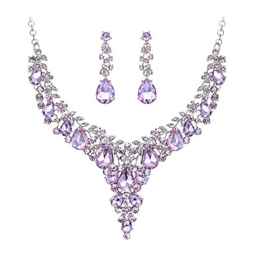 EVER FAITH set di gioielli da sposa crystals per le donne, collana di strass con fiori dichiarati, orecchini pendenti viola chiaro, fondo argento