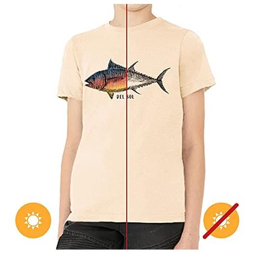 Del Sol youth boys crew tee - big fish, natural t-shirt - changes from black to vibrant colors in the sun - 100% combed, ring-spun cotton, relaxed fit, fine jersey - size ym