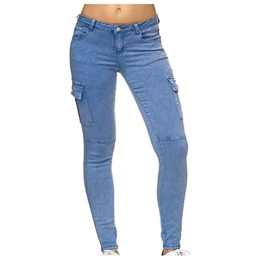 Yying donna cargo skinny jeans vita bassa casual elastico denim pantaloni con multi tasche