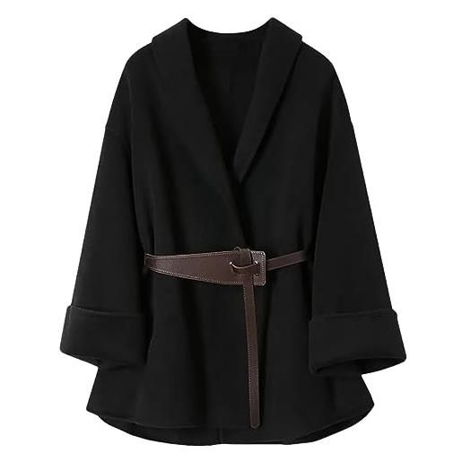 ERFMFKL cappotto da donna in lana autunno inverno con mantello, cintura solida, risvolto, giacca a maniche lunghe black s