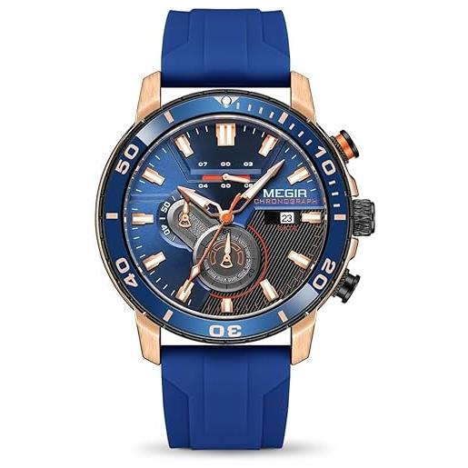 Megir orologio sportivo da uomo, analogico, al quarzo, cronografo, militare, luminoso, con cinturino in silicone, blu, cinturino