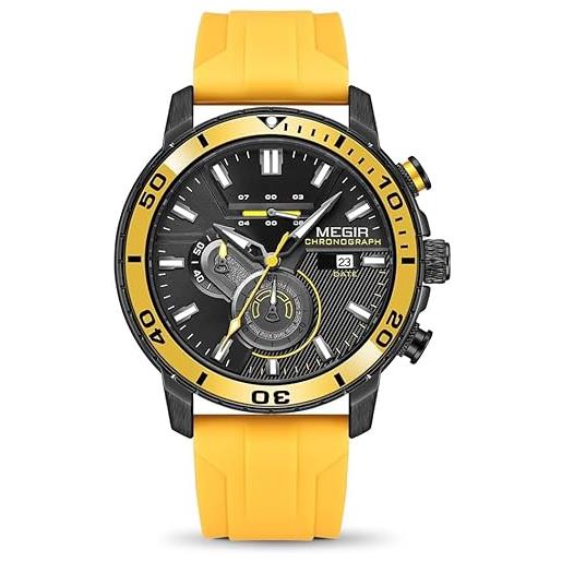 Megir orologio sportivo da uomo, analogico, al quarzo, cronografo, militare, luminoso, con cinturino in silicone, giallo