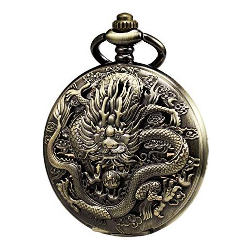Treeweto orologio da tasca meccanico da uomo e donna con scheletro antico 3d dragon case con catena regalo