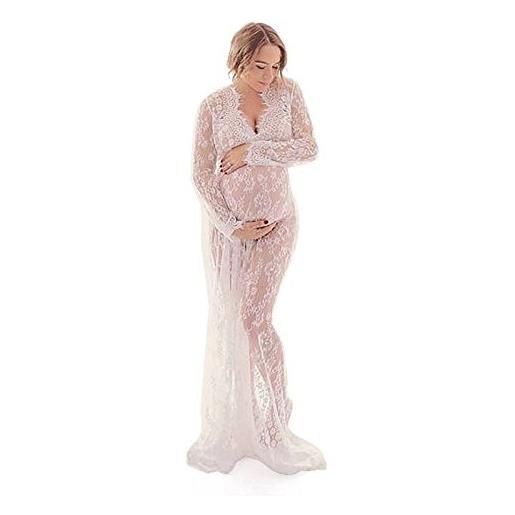 RETYLY puntelli di fotografia di maternita' maxi abito di maternita' con scollo a v abiti in pizzo abito di gravidanza fancy shooting foto vestiti in gravidanza (bianco, xl)