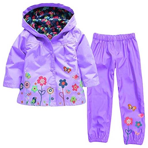 LvRao bambino impermeabile ragazza antipioggia giacca con cappuccio + pantaloni 2 pezzi set stampa animalier floreale (viola, 120)