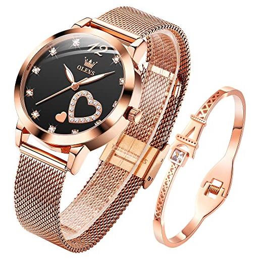 OLEVS orologio da donna in oro rosa con cuore diamante nero viso orologio da polso impermeabile bracciale bracciale set orologi da polso da donna, bracciale