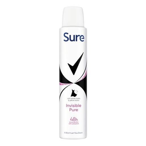 Sure invisible pure - deodorante spray anti-traspirante da donna, protegge da macchie bianche e gialle, per 48 ore di protezione da sudore e odori, 6 x 200 ml