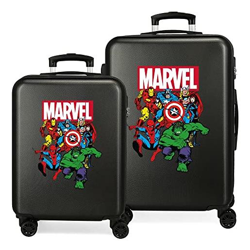 Marvel avengers sky avengers set valigie nero 55/68 cms rigida abs chiusura a combinazione numerica 104l 4 doppie ruote bagaglio a mano