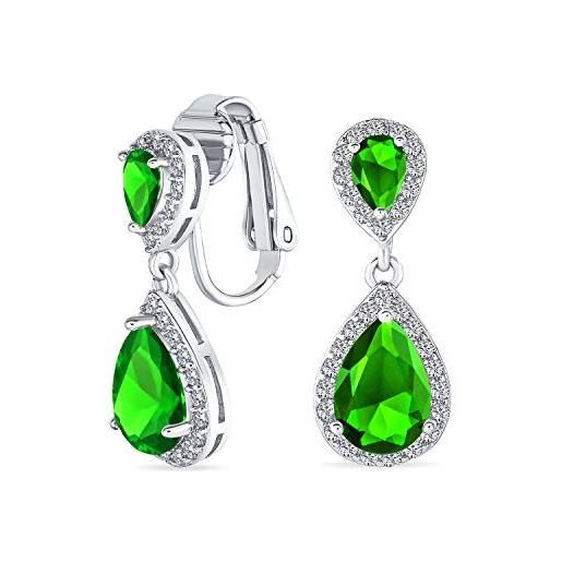Bling Jewelry green teardrop cz halo prom drop statement lampadario clip on earrings simulazione di smeraldo cubic zirconia argento placcato ottone