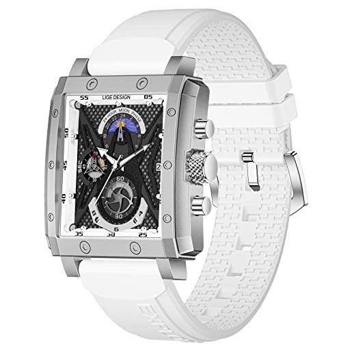 LIGE orologi da uomo automatici in pelle cronografo impermeabile in acciaio inossidabile analogico al quarzo da uomo, bianco