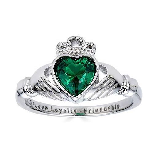 Piccoli Tesori anello argento 925 love loyalty friendship incisa claddagh ossido di zirconio smeraldo