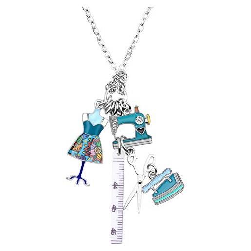 DUOWEI sartoria macchina da cucire collana unico smalto floreale strumenti per cucire a tema gioielli ciondolo per le donna ragazza charms regalo (blu)