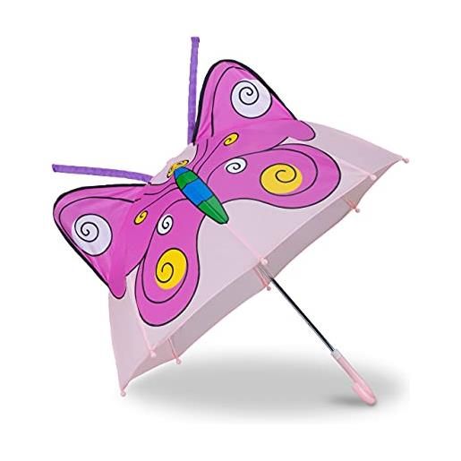 Relaxdays 10022286_624 ombrello per bambini a farfalla 3d, parapioggia per bimba, bastone ombrellino piccolo e leggero a campana, rosa