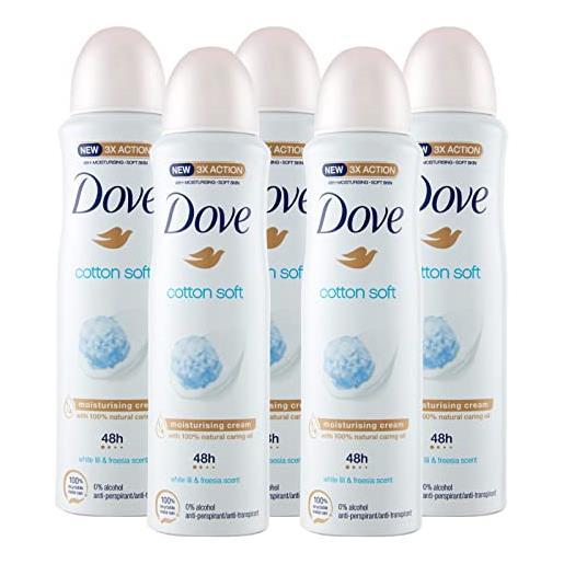 Dove 5x deodorante spray Dove cotton soft 48h ninfea bianca & fresia 0% alcol antitraspirante - 5 deodoranti da 150ml ognuno