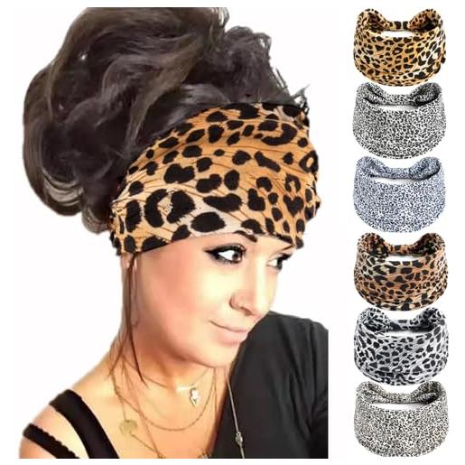 HUANMAYE 6 fasce per capelli da donna larghe boho sciarpe per la testa antiscivolo bandane fasce per capelli elastici accessori per capelli annodati turbanti fascia per la testa per adulti (leopard headband)