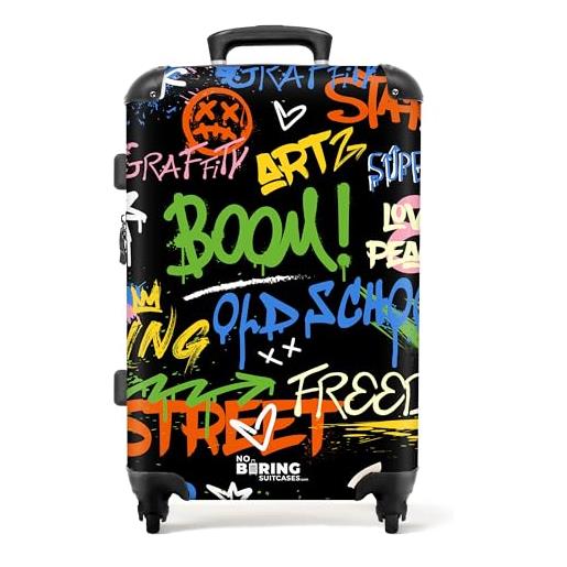 NoBoringSuitcases.com © valigia rigida con ruote, trolley, bagaglio a mano, 4 ruote, lucchetto tsa (opera d'arte graffiti astratta con testo e schizzi), (valigia media 67x43x25 cm) street art