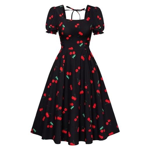 Belle Poque abito da donna vintage anni '50, maniche a sbuffo con punto smock sul retro, abito da festa floreale, ciliegia-nero, m