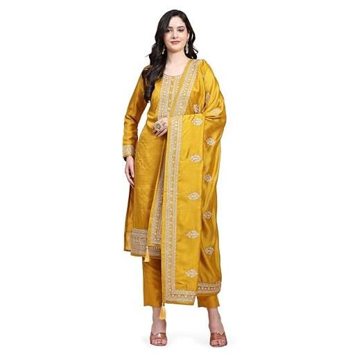 Trendmalls set da donna vichitra in seta con ricamo salwar pantaloni kurta con dupatta giallo kurta set per le donne, giallo, 3xl