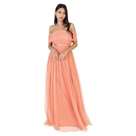 Anaya with Love womens ladies maxi dress bardot off shoulder with belt long empire waist for wedding guest prom evening gown bridesmaid, vestito donna, coral pink, 