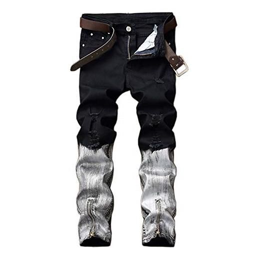 YOUCAI uomo jeans bicolore perdere peso jeans denim elasticizzati e strappati stile destroyed denim zip sul fondo dei pantaloni(senza cintura) nero 36w
