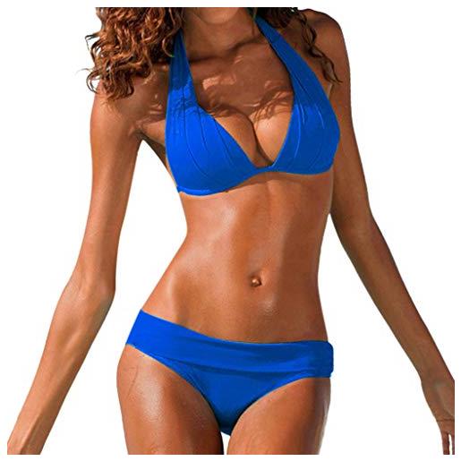 Gofodn bikini set per le donne sexy push up costumi da bagno a due pezzi estate solido halter retro spiaggia costumi da bagno blu s