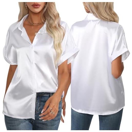 FEOYA t shirt donna top ufficio classica casual camicia manica corta maglietta eleganti blusa estiva scollo a v l bianco