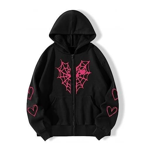 Tooe y2k gothic spider web stampa a forma di cuore pullover punk zip up giacca cappotto harajuku sciolto oversize streetwear, nero e rosa. , large