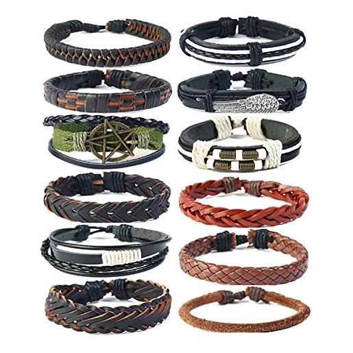 PROJEWE 12-24 pezzi bracciali uomo cuoio intrecciato chiusura corda bracciale vintage wrap perline bracciale in legno braccialetto set multilivello regolabile