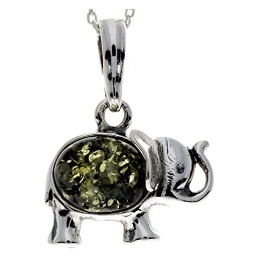 SilverAmber Jewellery ciondolo a forma di elefante in vera ambra baltica e argento sterling, senza catena, 1904a, argento sterling, ambra verde. 