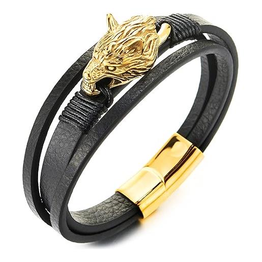 COOLSTEELANDBEYOND uomo colore oro acciaio annata testa di lupo tre filoni nero intrecciata bracciale di cuoio fascia di polso braccialetto