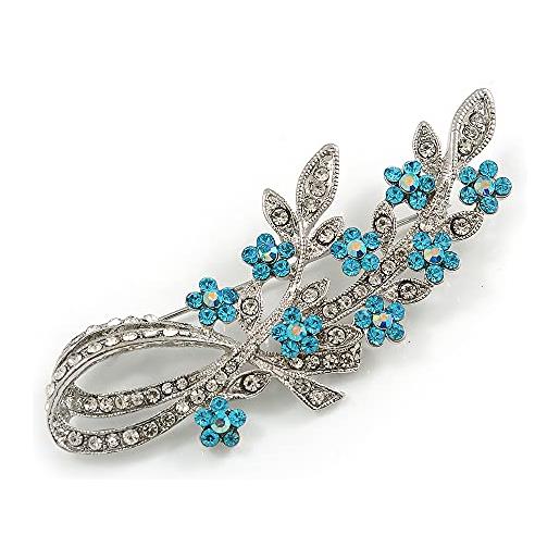 Avalaya romantica spilla floreale in cristallo swarovski (argento e azzurro)