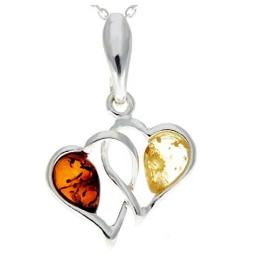 SilverAmber Jewellery ciondolo doppio cuore in ambra baltica e argento sterling senza catena - gl360 e argento, colore: cognac-miele, cod. Gl360