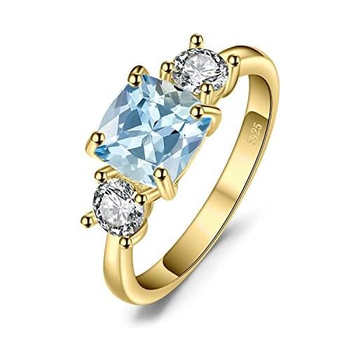 JewelryPalace anello a tre pietre donna argento con naturale topazio blu, anelli donna in argento 925 con pietra azzurra a taglio cuscino, fedina in oro anelli anniversario set gioielli donna 19.5