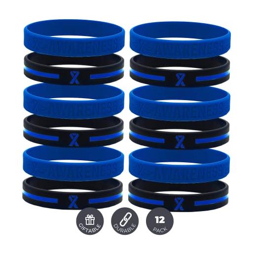 Inkstone pack of 12, braccialetti in silicone con nastro blu della consapevolezza - confezione all'ingrosso da 1 dozzina di braccialetti in taglia unisex per adulti