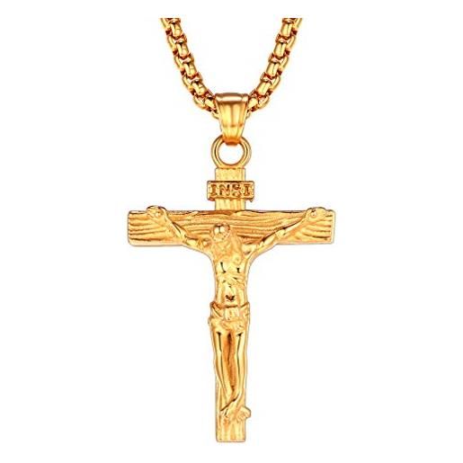 FaithHeart collana croce uomo crocifisso inri ciondolo di gesù modello retro cristo sulla croce con catena da 55+5 cm in oro retro regalo compleanno