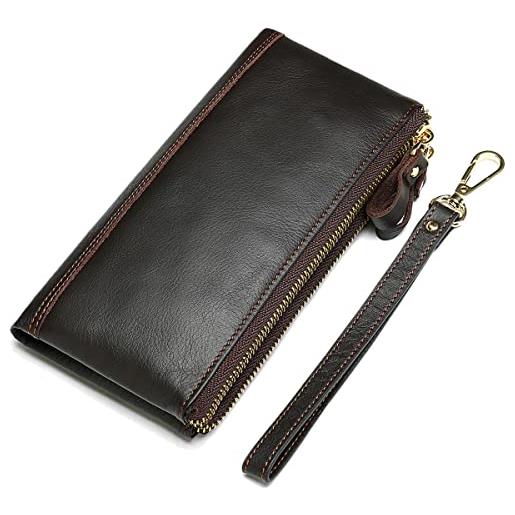 Karoukee bifold lungo portafoglio da uomo moderno con blocco rfid, pochette da polso per cellulare minimalista in vera pelle fiore, pochette porta carte di credito borsetta da lavoro con cinturino