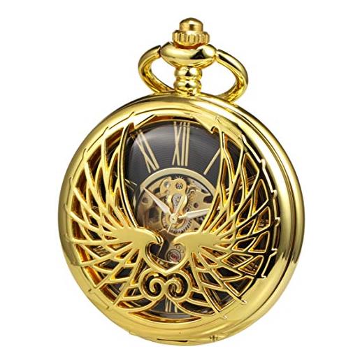 Treeweto orologio da tasca da uomo con meccanismo a forma di aquila a doppia cassa vuota con numeri romani con catena in confezione regalo