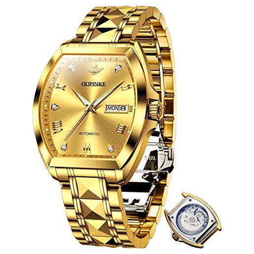 OUPINKE orologio da uomo tonneau automatico meccanico orologio da polso di lusso diamante cristallo zaffiro impermeabile tungsteno orologi business, oro