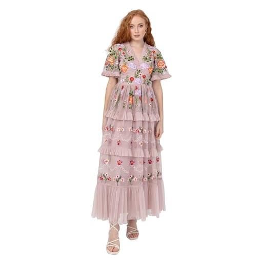Maya Deluxe abito da donna midi con scollo a v, maniche corte, con motivo floreale, in pizzo e tulle, per matrimonio nan, rosa cipria, 50