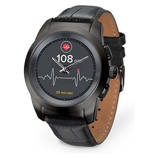 MyKronoz ze. Time petite smartwatch ibrido con lancette analogiche su schermo tattile, nero spazzolato/pelle nera rilievo