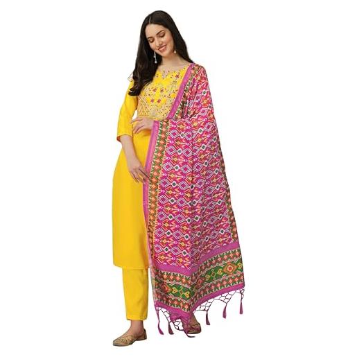 TRENDMALLS malai salwar - completo da donna in raso ricamato, pantaloni kurta, con stampa patola dupatta, giallo, xxx-large