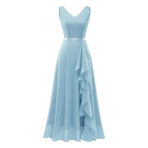 Berylove abito da sera da donna, lungo, con scollo a v, in chiffon, elegante, in tulle, azzurro, xl