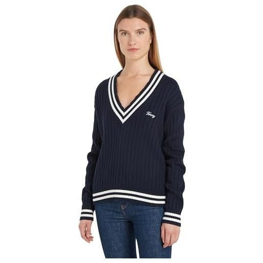 Tommy Jeans tjw script v neck rib sweater dw0dw17758 maglioni, blu (dark night navy), xs donna